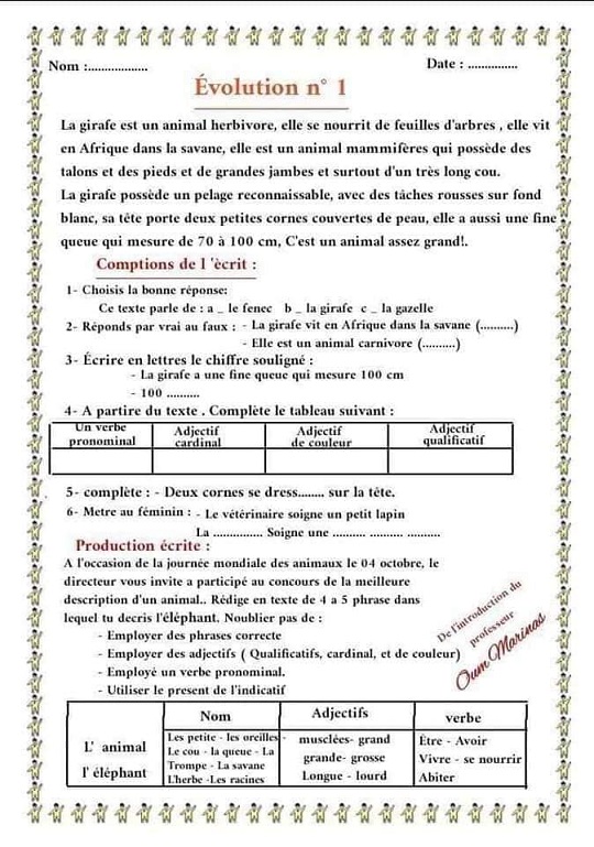 evaluation de français 5ème année primaire