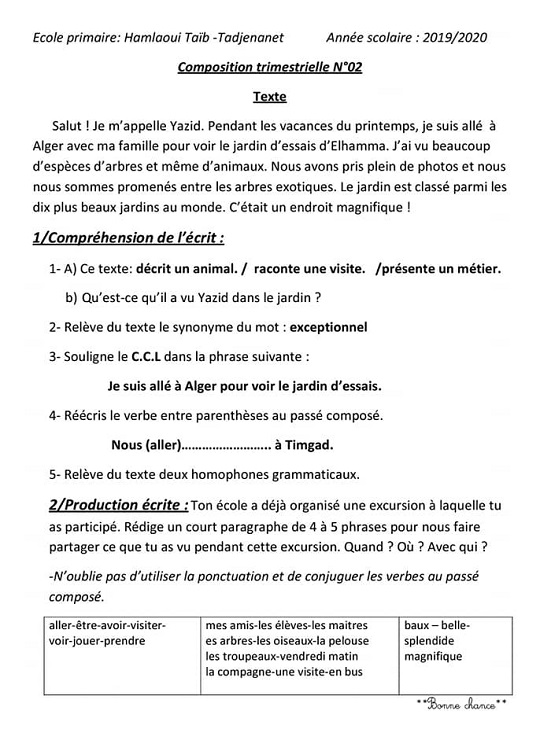 sujet de français 5ème année primaire 2eme trimestre