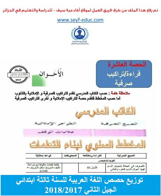 توزيع حصص اللغة العربية حسب ايقونات الكتاب المدرسي للسنة ثالثة ابتدائي