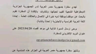 سفارة المصرية بالجزائر تبحث عن موظف (ة) المصدر الرسمي للتوظيف الجزائري