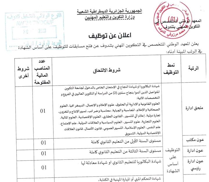 اعلان توظيف بالمعهد الوطني المتخصص في التكوين المهني