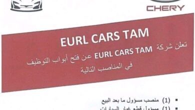 اعلان توظيف بشركة ( شيري) EURL CARS TAM